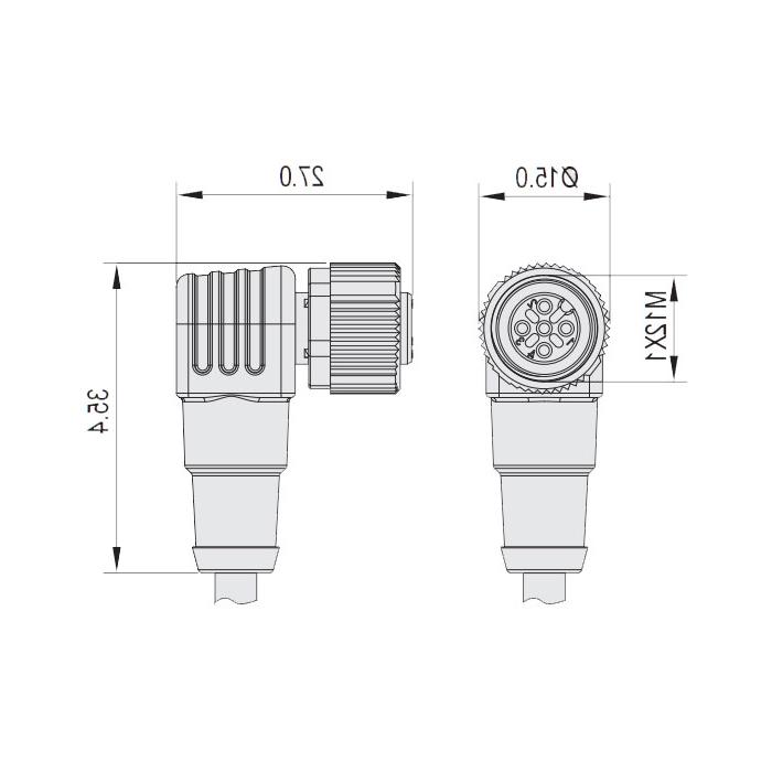 M12 3Pin、母头90°、带LED灯、单端预铸电缆、防焊渣PUR材质、黄色护套、64T021-XXX